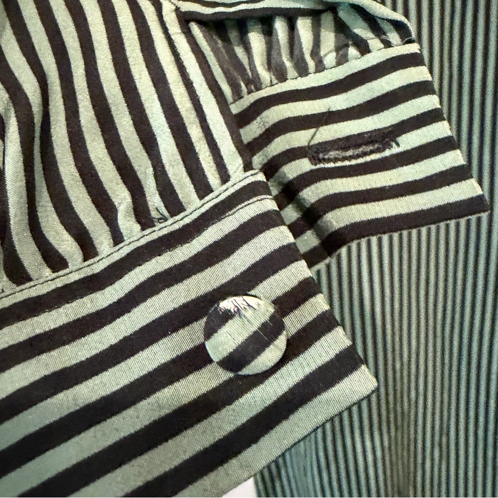 LANVIN Vintage Silk Dark Green Striped Long Sleeve Button Front Dress Size 10 - Picture 8 of 15